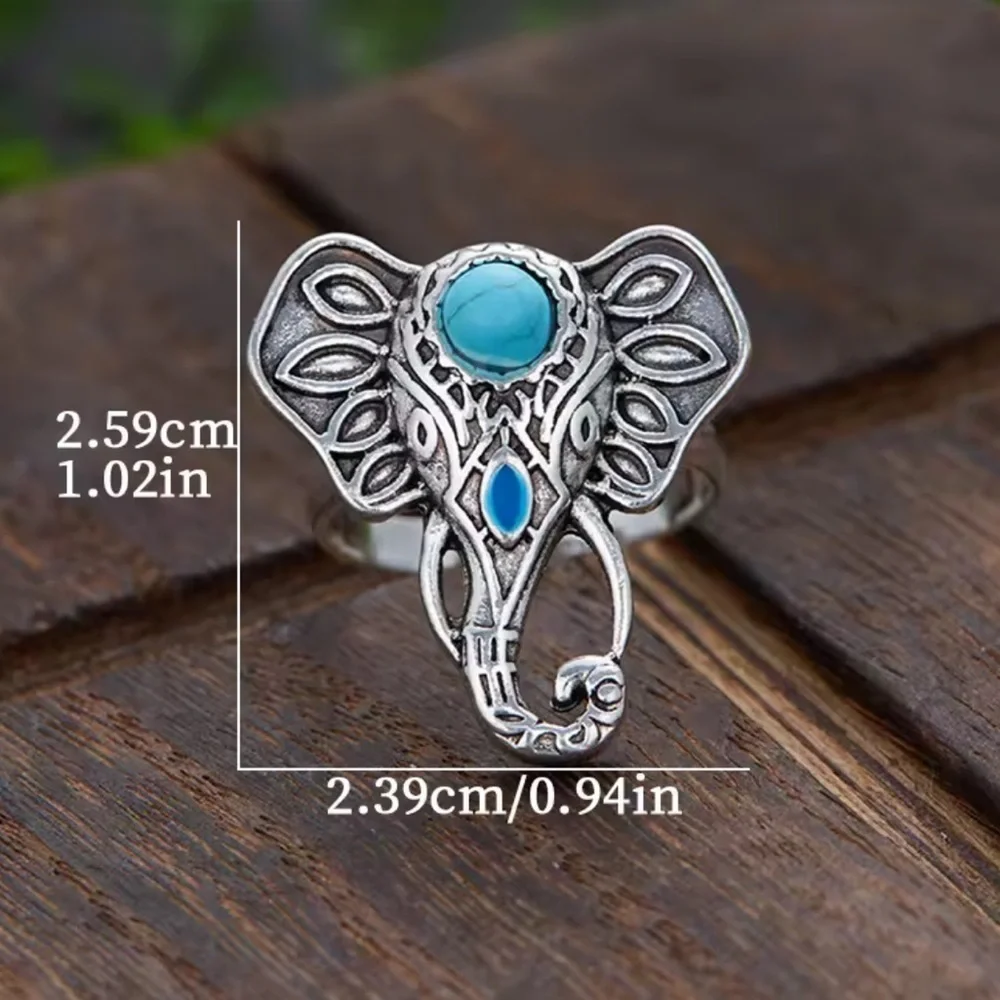 Boho Silver Elephant Ring with Blue Accents